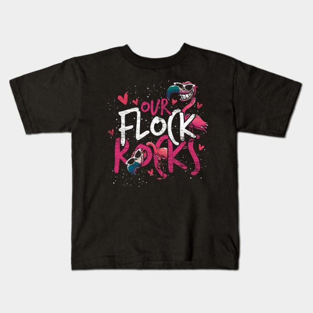 Our Flock Rocks Retro Flamingo Kids T-Shirt by ShirtsShirtsndmoreShirts